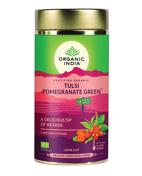 Tea Tulsi Pomegranate Green Loose Leaf Organic India - Aurana Foods